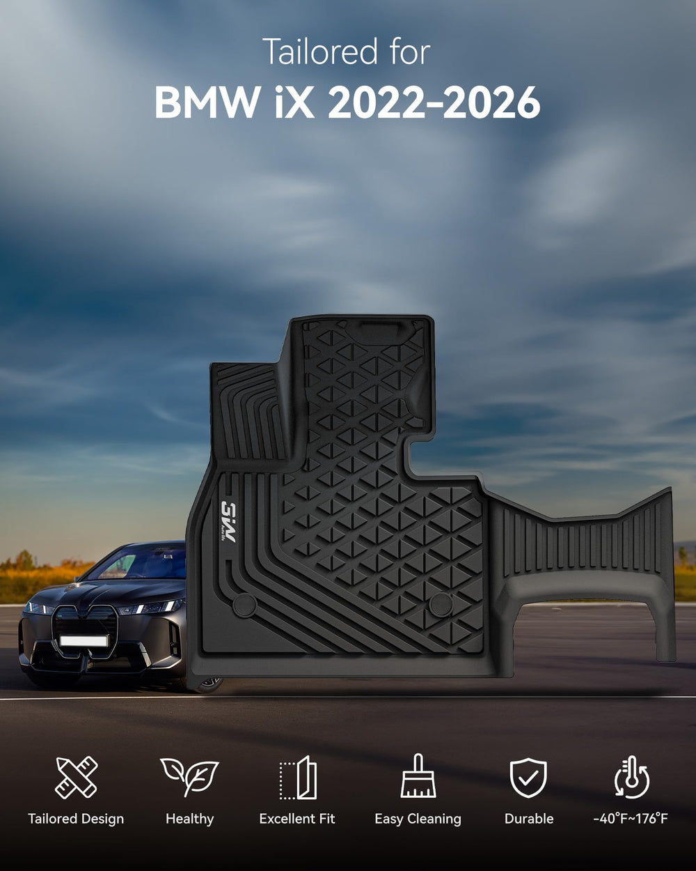 3W BMW iX second row floor mat installed for full coverage