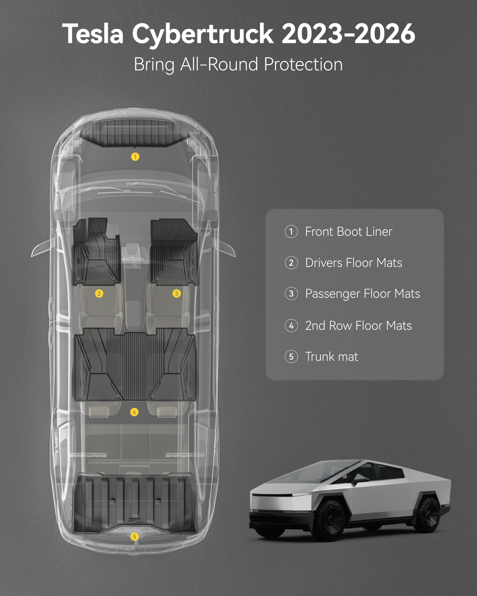3W Cybertruck rear cargo mats keep cargo space clean.