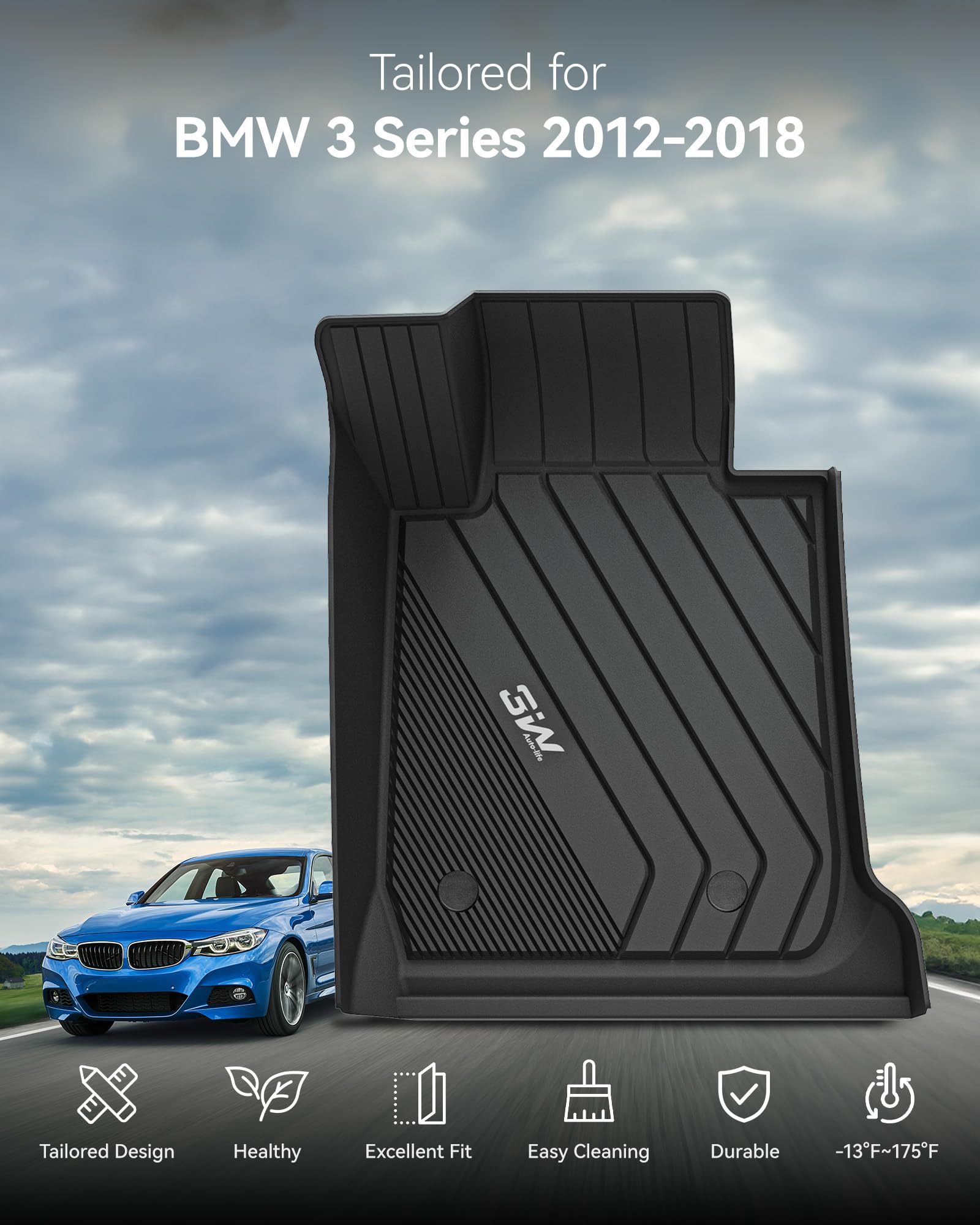 3W floor mats for BMW F30 front right; snug fit and easy cleaning