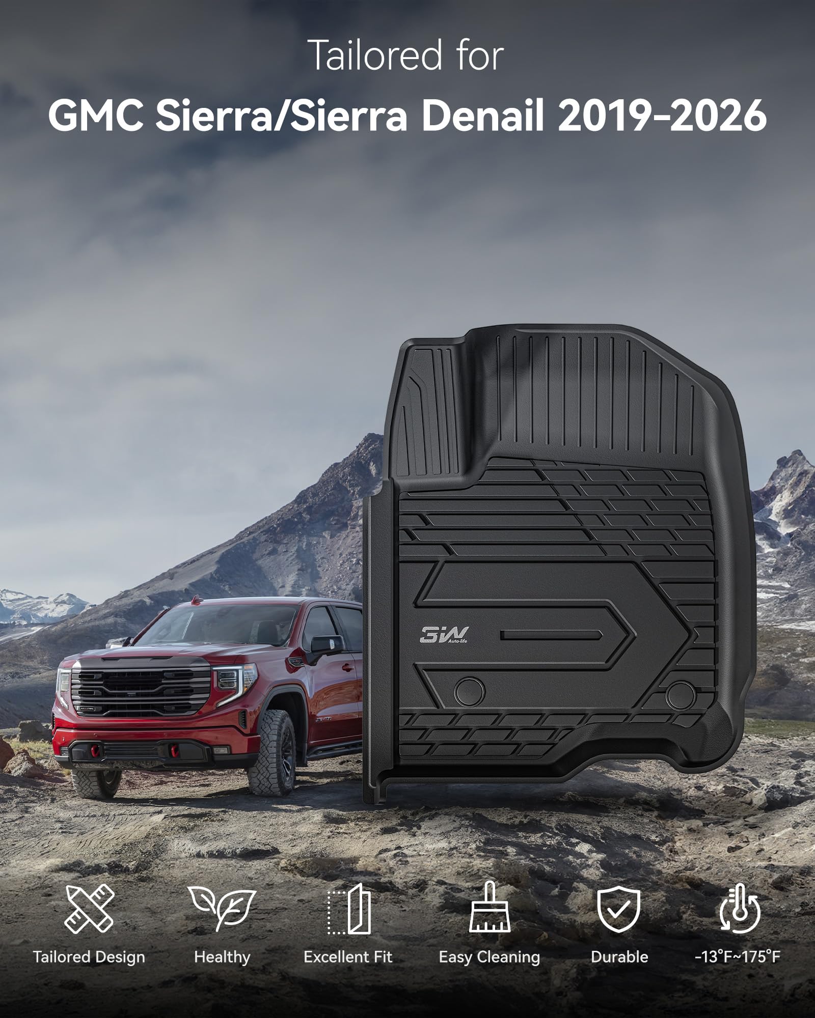 3W floor mats for GMC Sierra Denali highlighting storage compartment compatibility
