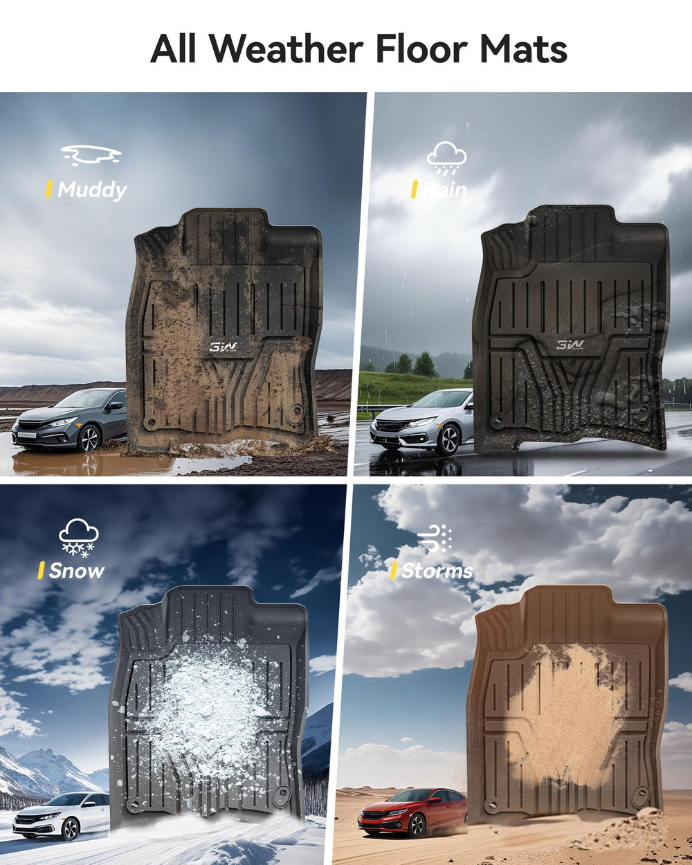 3W edge-to-edge floor mats ensure full coverage for Honda Civic.