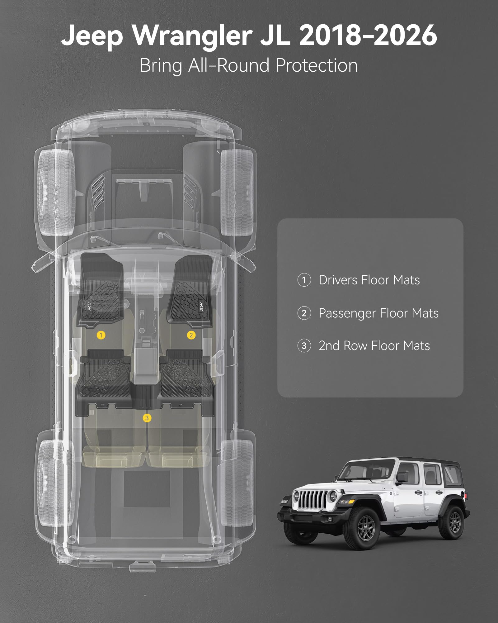 3W all-weather Jeep Wrangler JL floor mats protecting interiors