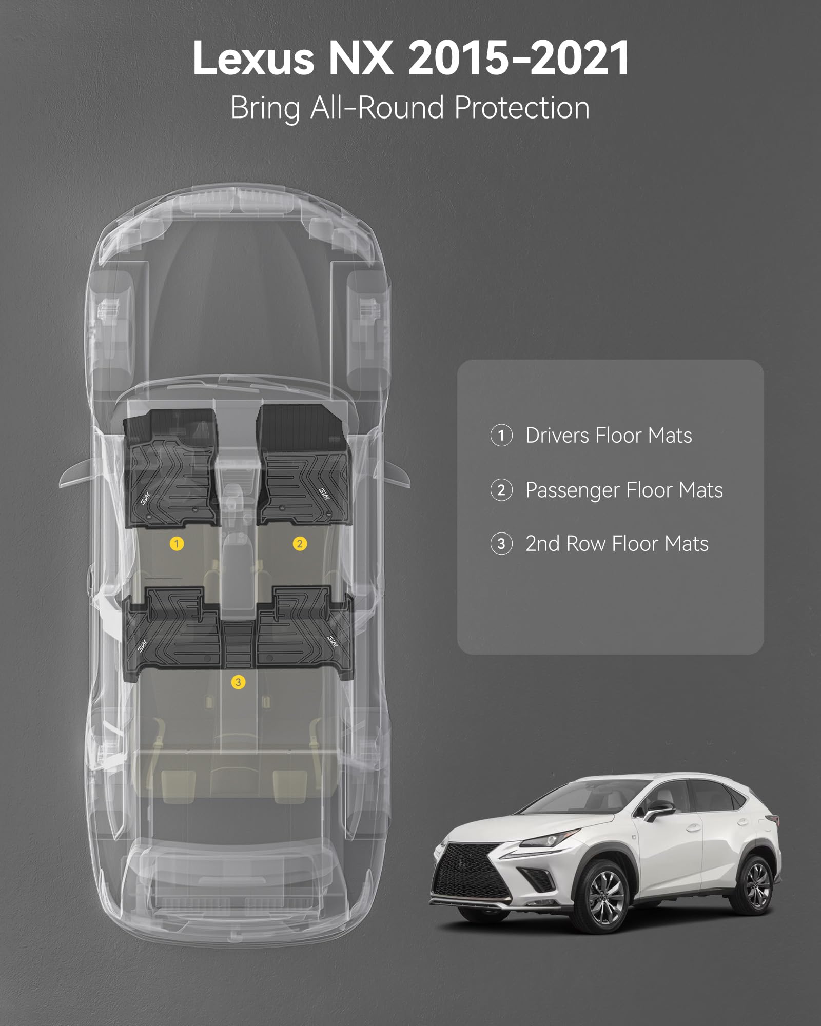 3W Lexus NX floor mats withstand all weather with waterproof surface