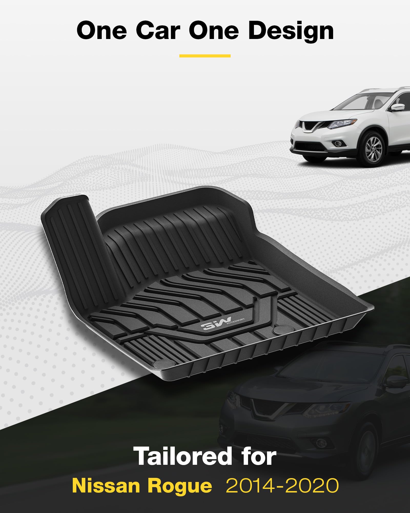 3W Nissan Rogue floor mats show all-weather durability for any season and messes.