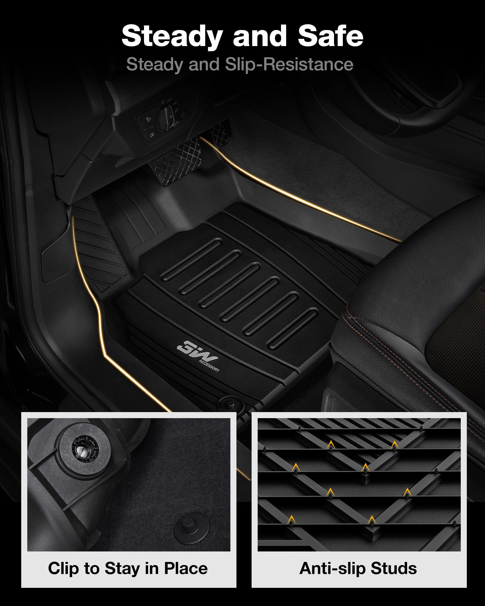 3W TPE odorless floor mats maintain a safe cabin.