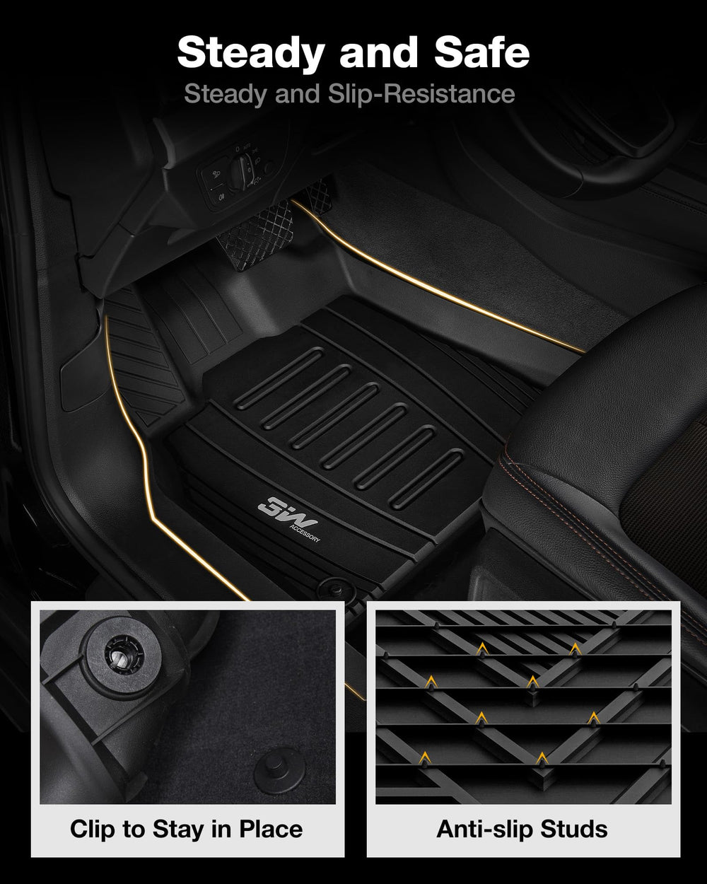 3W TPE odorless floor mats maintain a safe cabin.