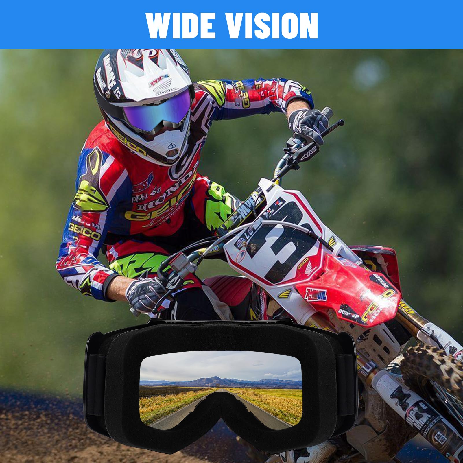 4-FQ goggles worn with neck gaiter for all-weather off-road protection.