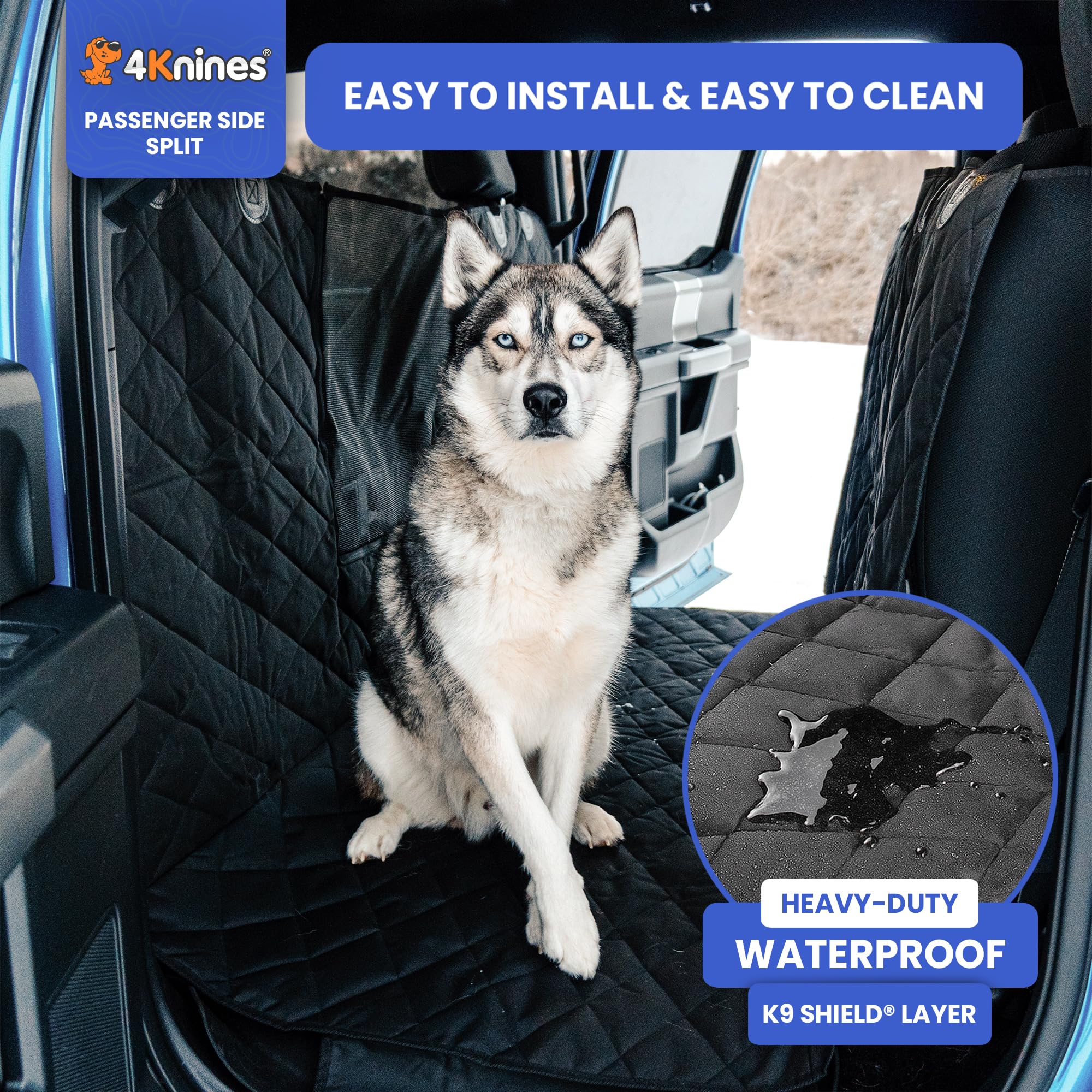 4Knines waterproof 600D polyester fabric shields seats from spills and pet hair