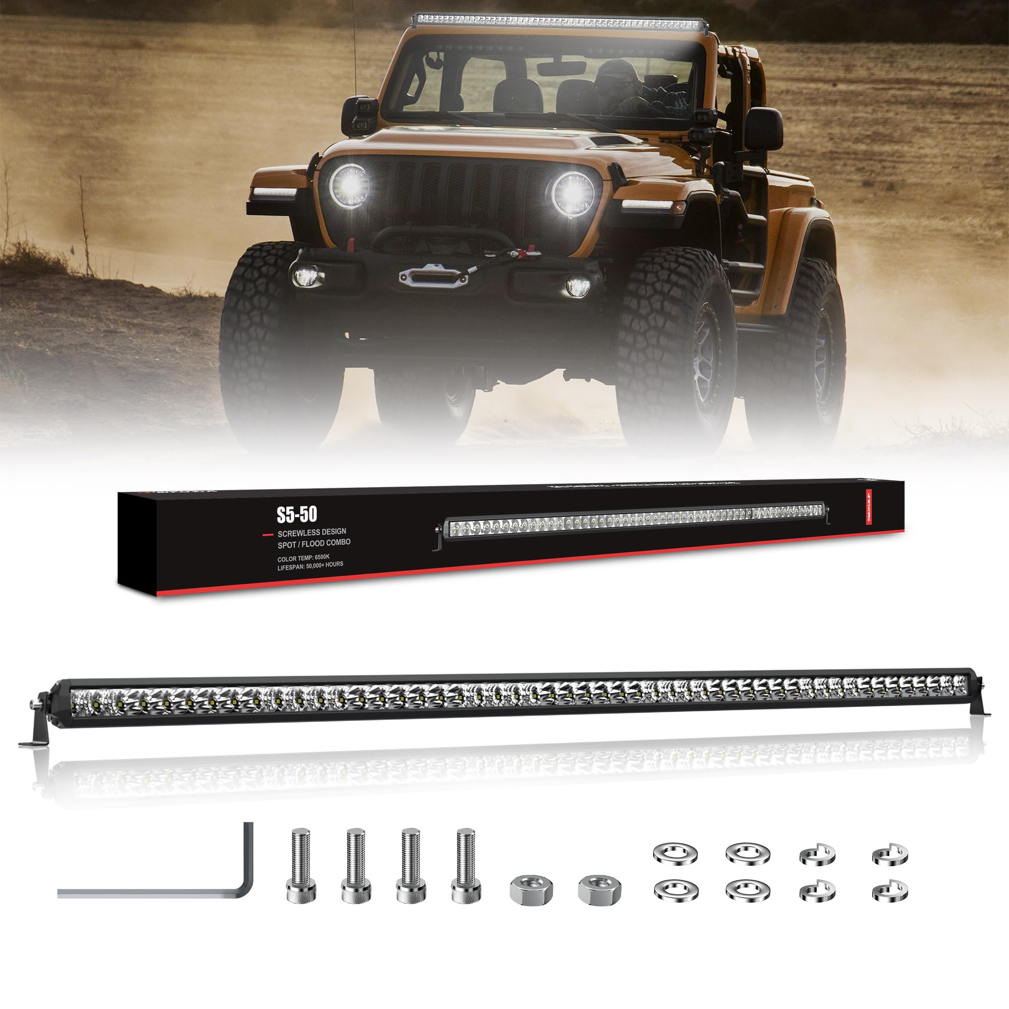 4WDKING 52-inch screwless light bar front view for neat installation and wide visibility