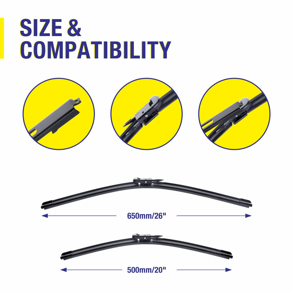 5 PLUS 26-20 wiper blades back view demonstrates secure fit.