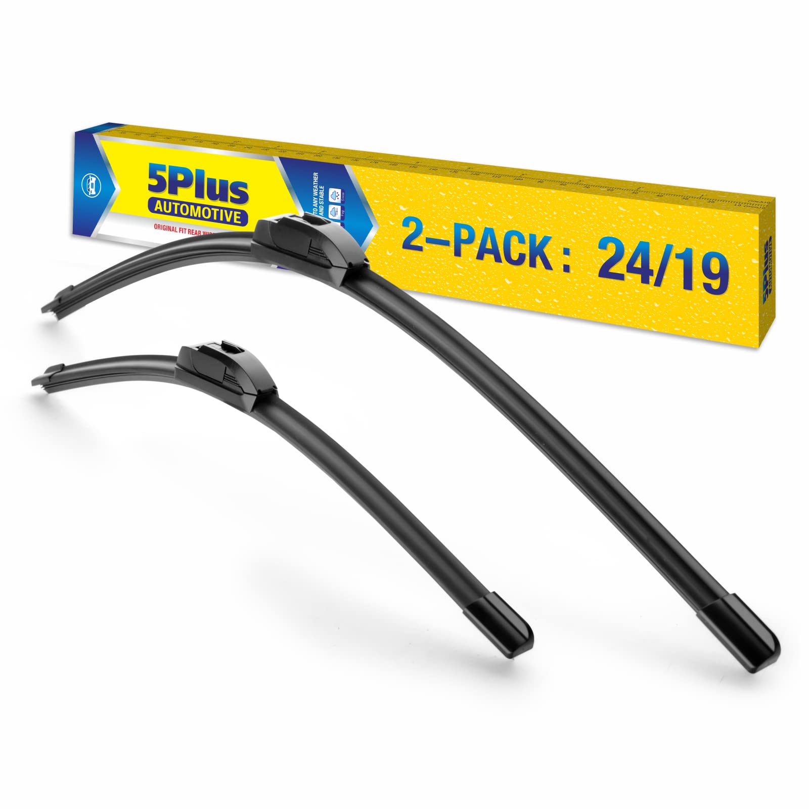 5 PLUS windshield wiper blades installed on a car for clear, streak-free visibility