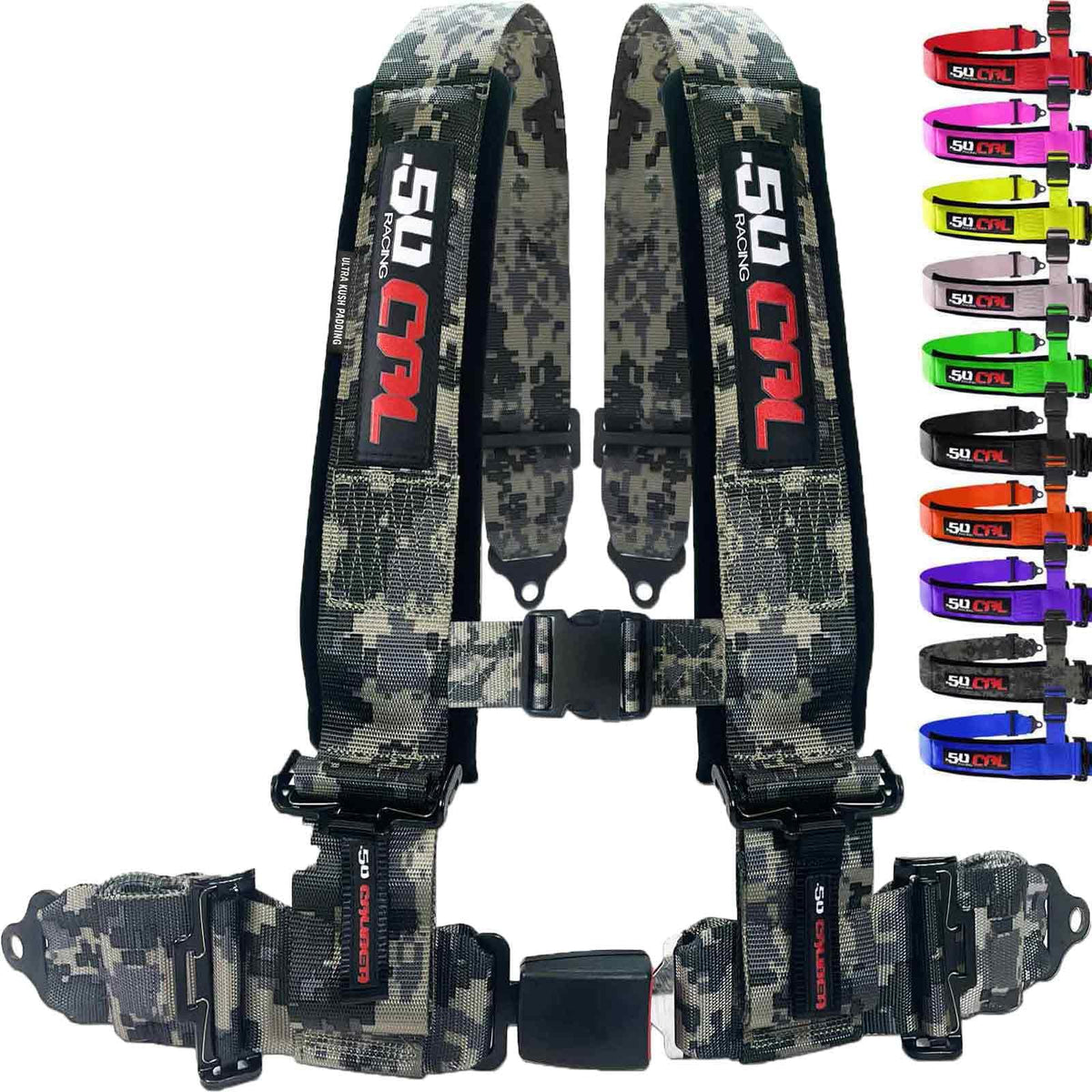 50 Caliber Racing 4-point harness on bucket seat side view for off-road comfort