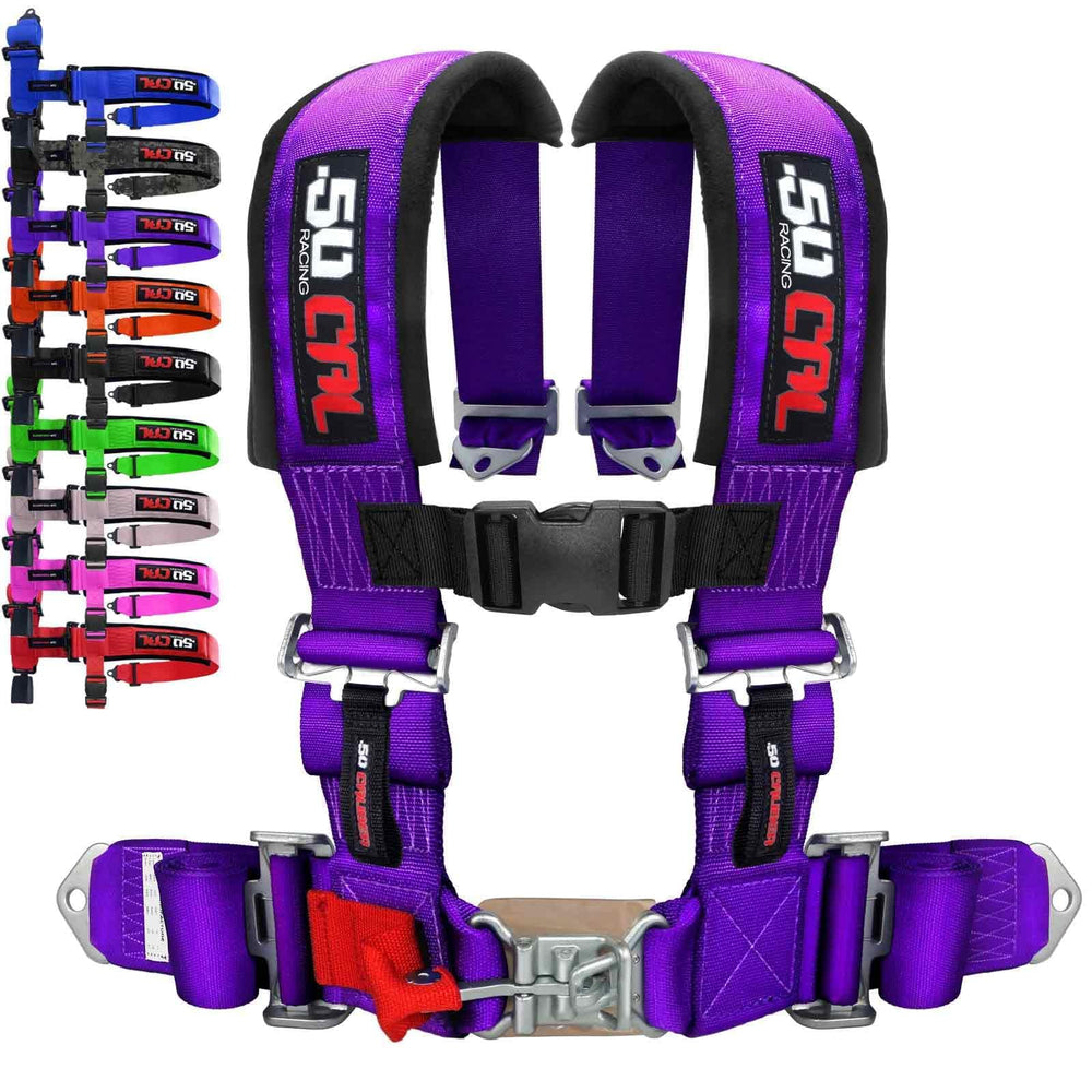 50 Caliber Racing 4-point purple harness secures bucket seats.