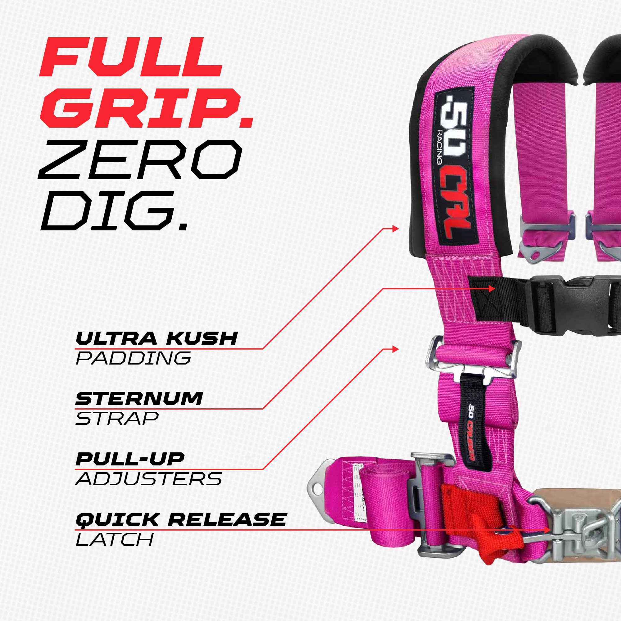 Adjustable straps and sternum strap on the 50 Caliber Racing harness for a precise fit.