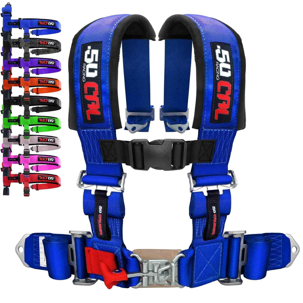 50 Caliber Racing blue 4-point harness on a bucket seat for secure seating