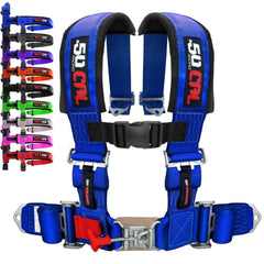 50 Caliber Racing blue 4-point harness on a bucket seat for secure seating