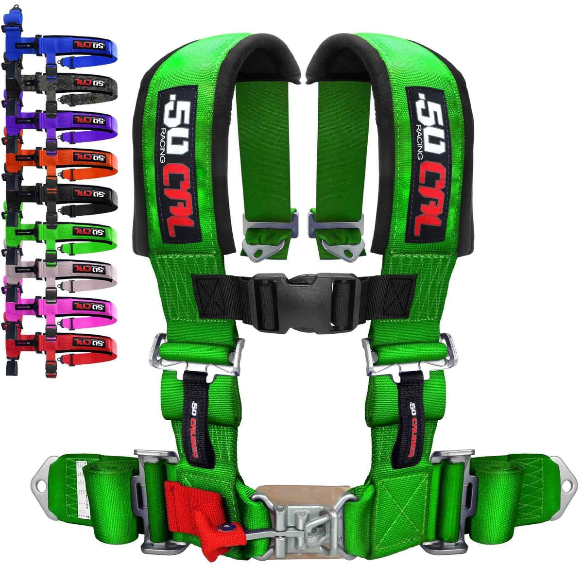 50 Caliber Racing 4-point harness on a padded bucket seat for off-road use.