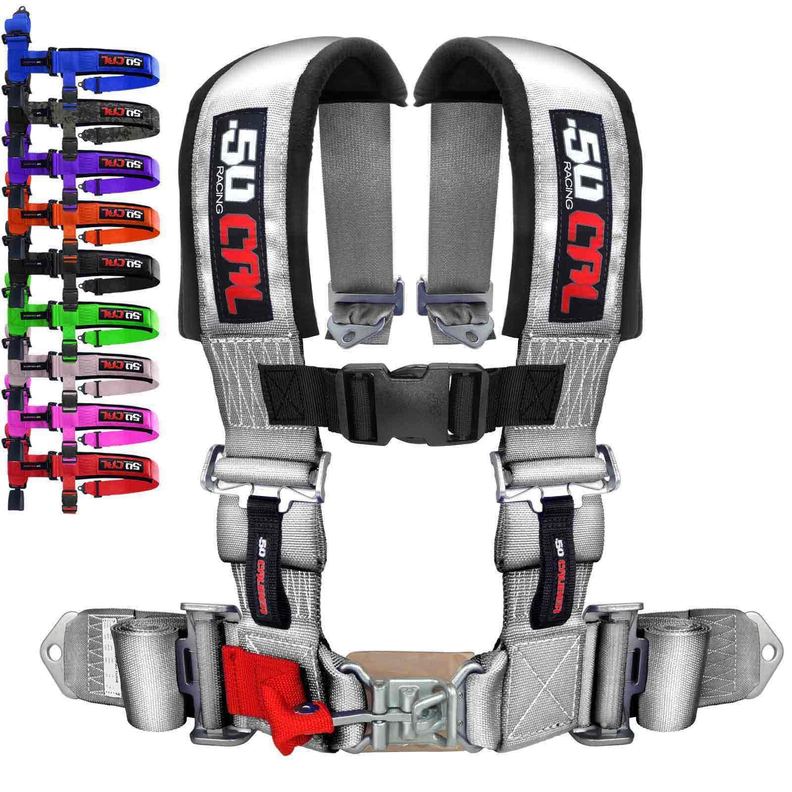50 Caliber Racing 4-point harness front view secures the driver in a bucket seat