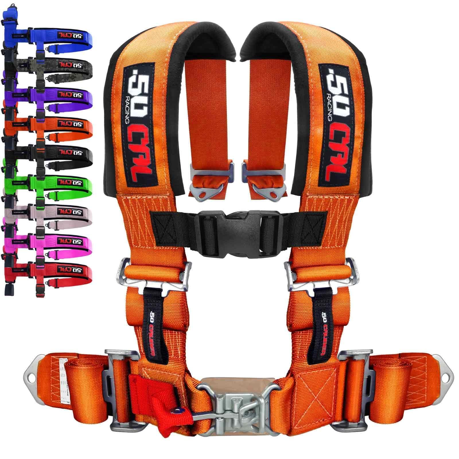 50 Caliber Racing harness orange quick-release buckle enables fast detachment