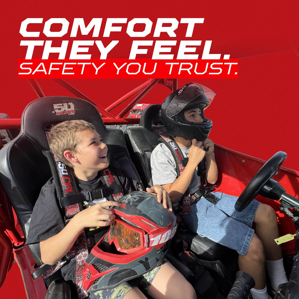 50 Caliber Racing harness with quick-release latch for fast entry and exit