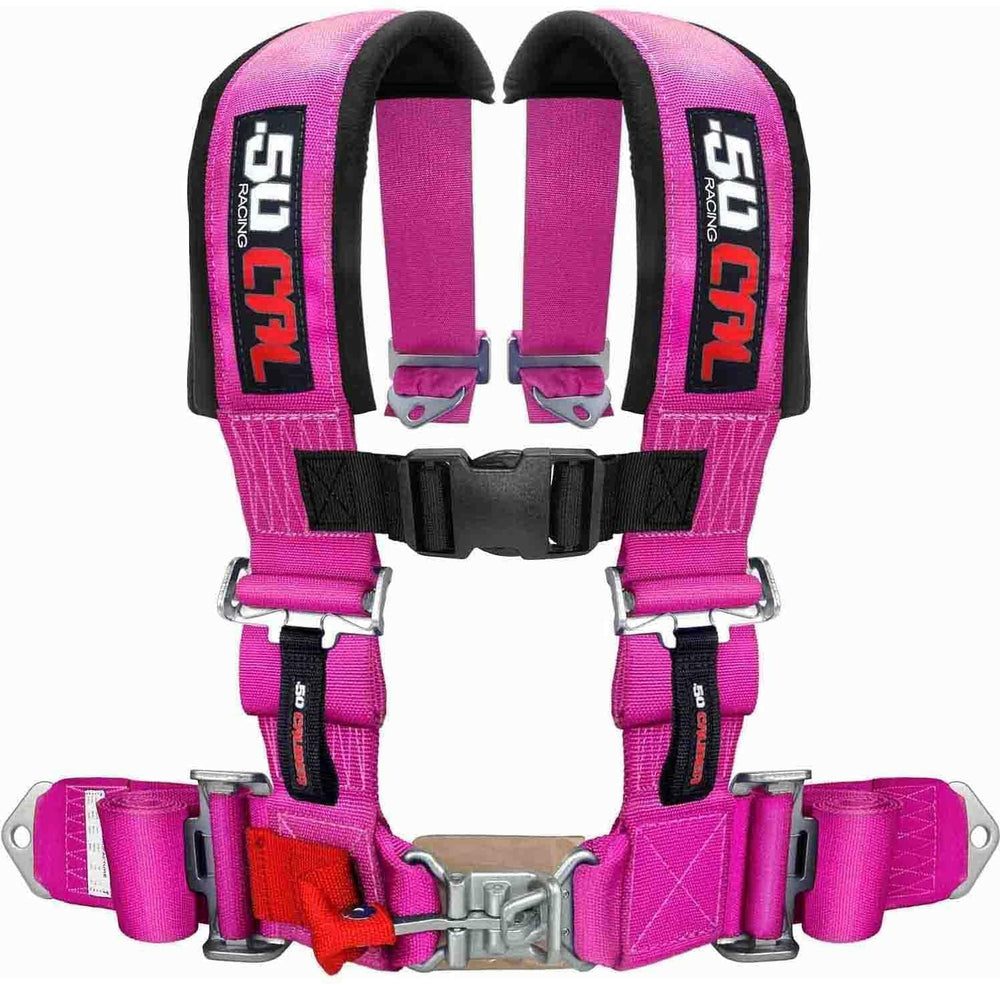Quick-release mechanism on the 50 Caliber Racing harness for fast removal