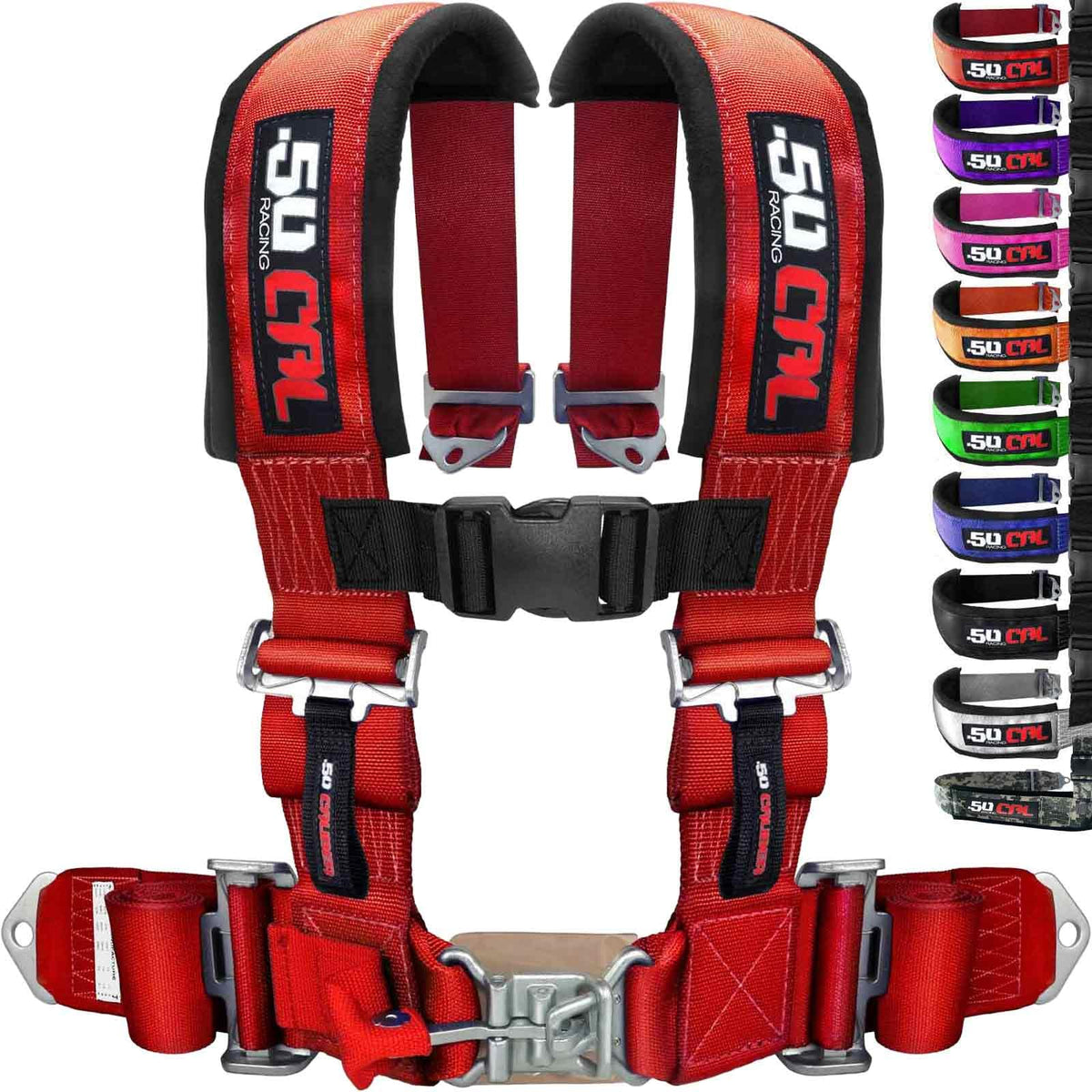 50 Caliber Racing red 4-point harness for bucket seats ensures a secure, race-ready feel.