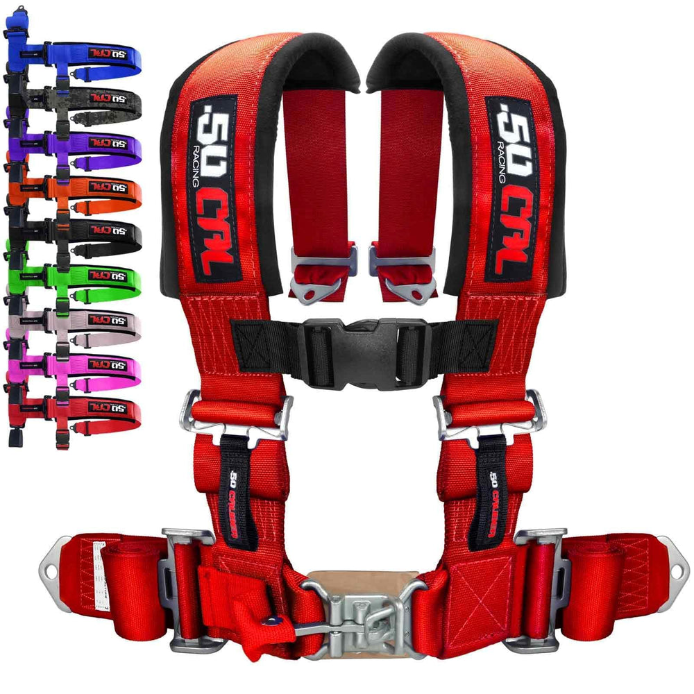 50 Caliber Racing red 4-point harness on bucket seat enhances off-road stability