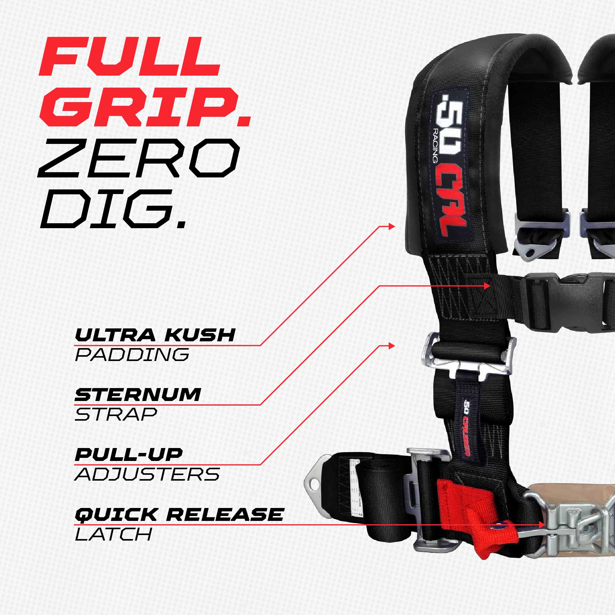 50 Caliber Racing sewn-in pads providing cushioned comfort on rough trails