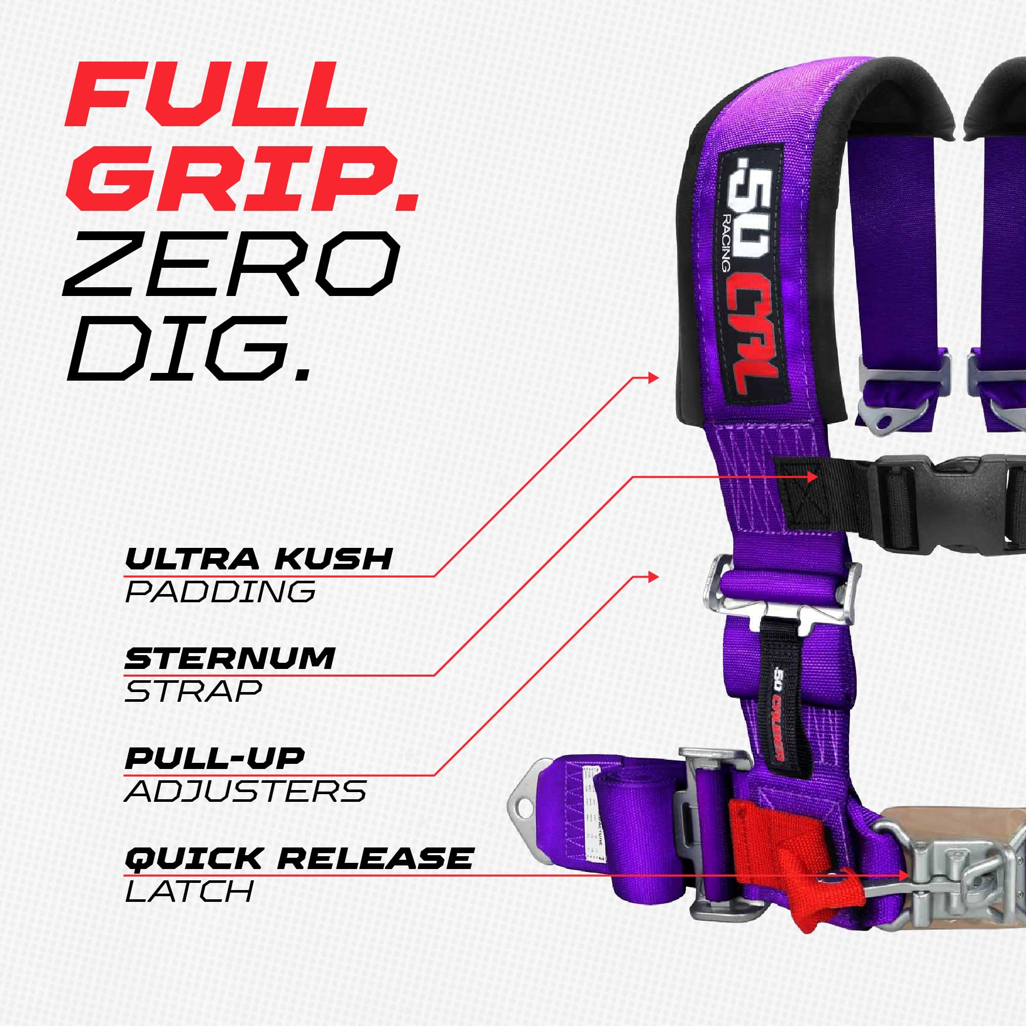 50 Caliber Racing sternum strap adds mid-chest stability for control.