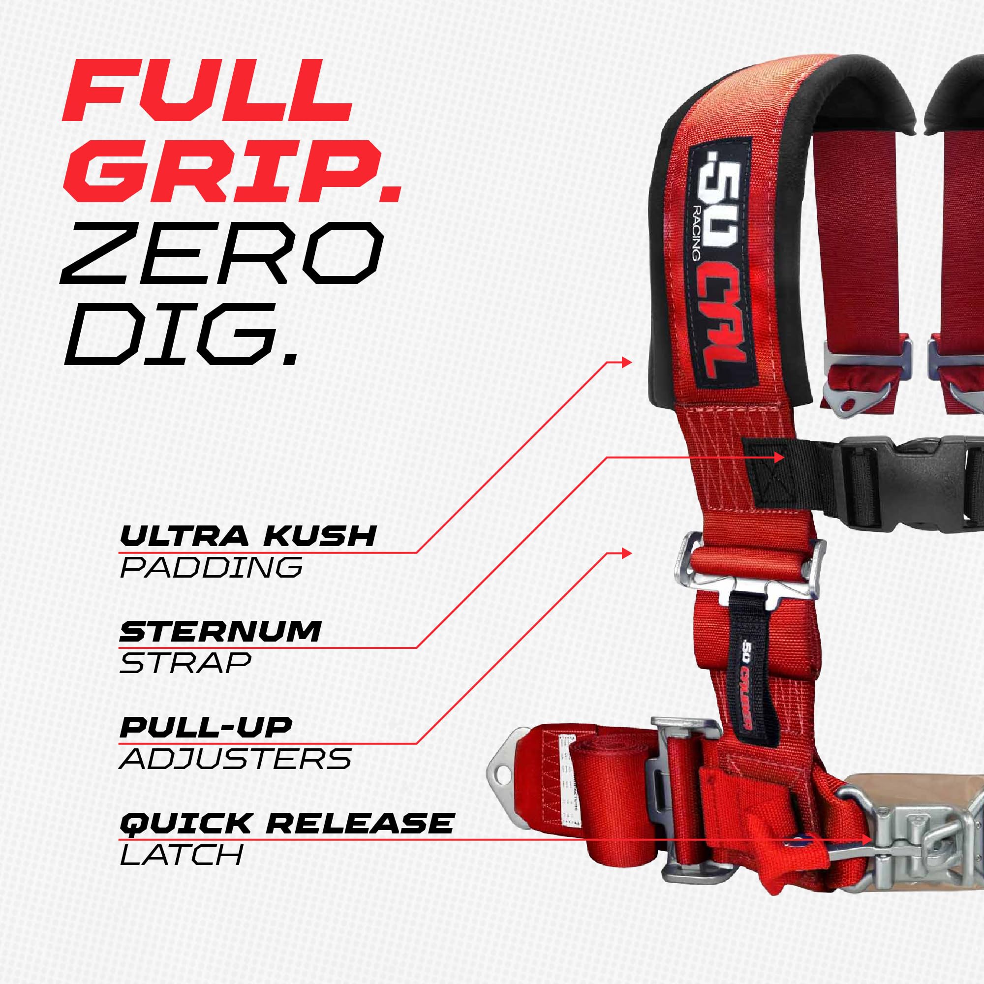 50 Caliber Racing sternum strap provides chest support during rugged rides
