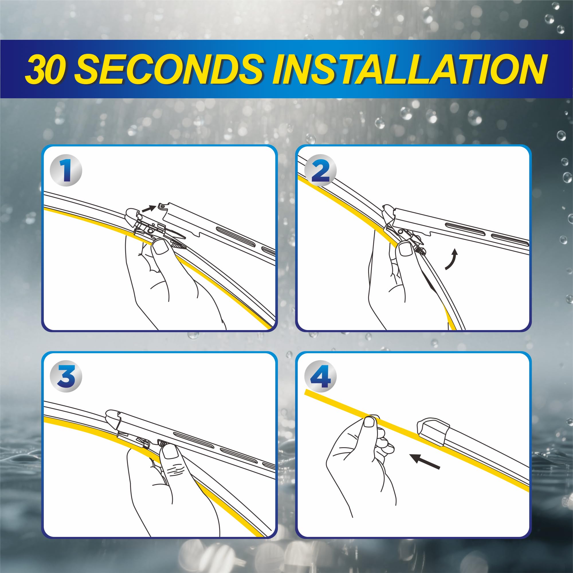 Quick snap-on installation of 5 PLUS wiper blades, tool-free setup.