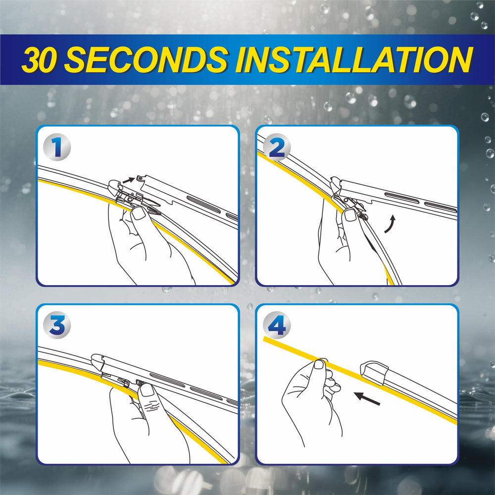 Quick snap-on installation of 5 PLUS wiper blades, tool-free setup.