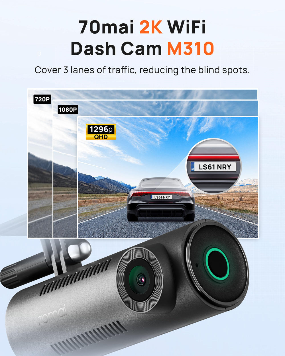 70mai M310 side profile highlighting slim design, discreet windshield fit benefit