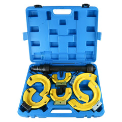 8MILELAKE MacPherson strut compressor with 65-125mm jaws for versatile coil springs.