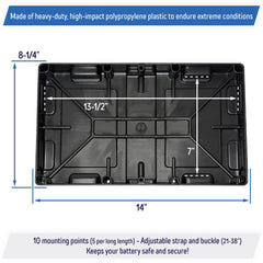 A.A tray includes safety strap and buckle for extra stability.