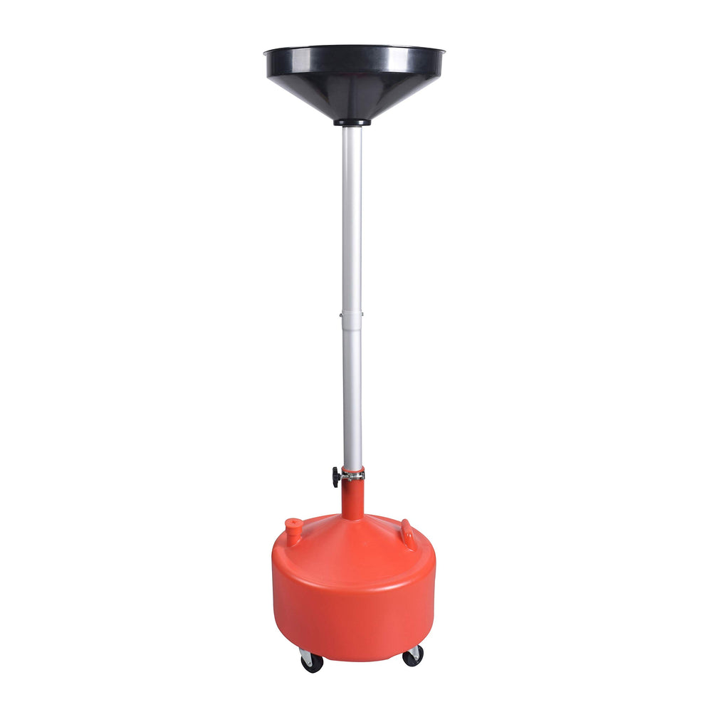 A A IN 8 Gallon drain tank on wheels for easy mobility in workshops.