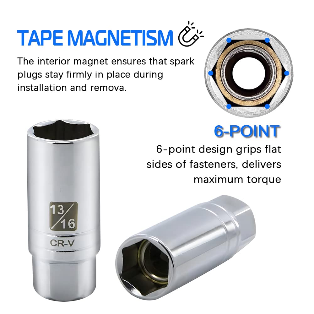 A ABIGAIL 9/16 inch spark plug socket handles standard sizes with strong magnet.