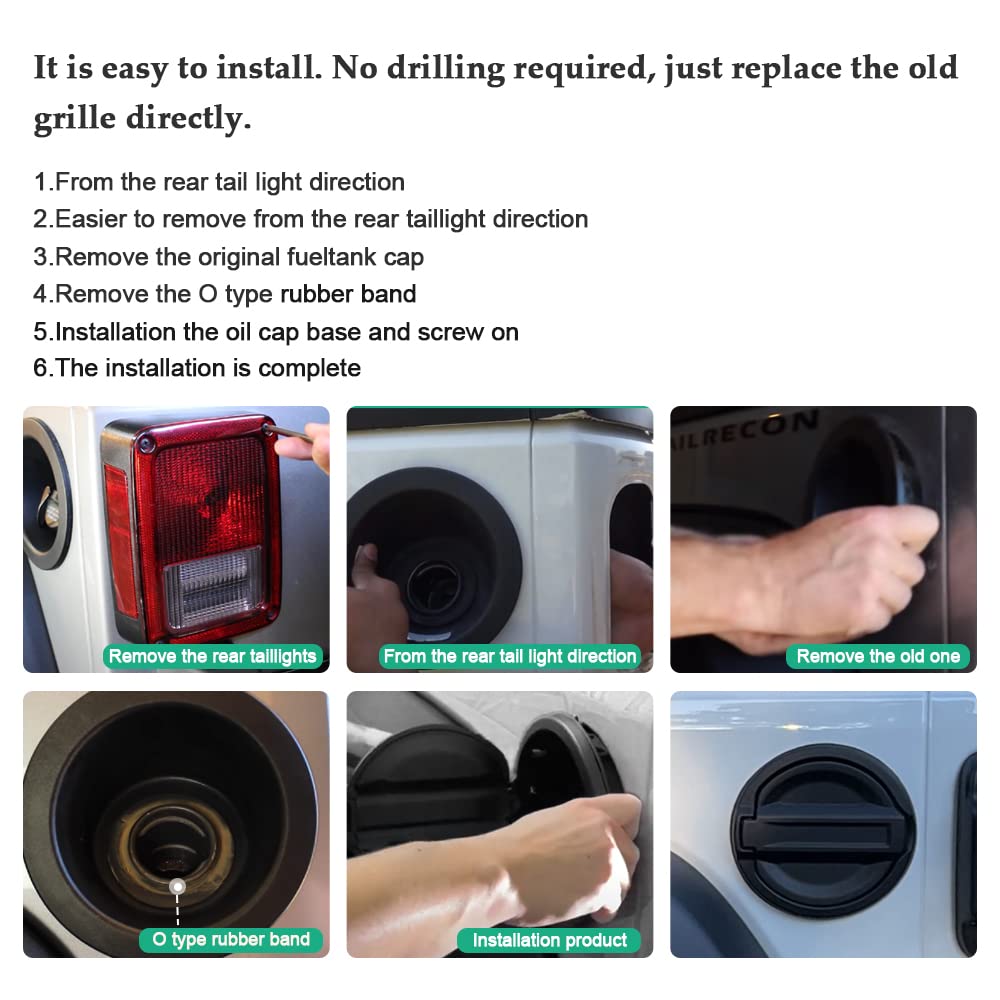 A ABIGAIL fuel filler door cover mounted on Jeep Wrangler JL from all angles