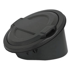 A ABIGAIL fuel filler door cover in black powder coat close-up highlighting rust resistance