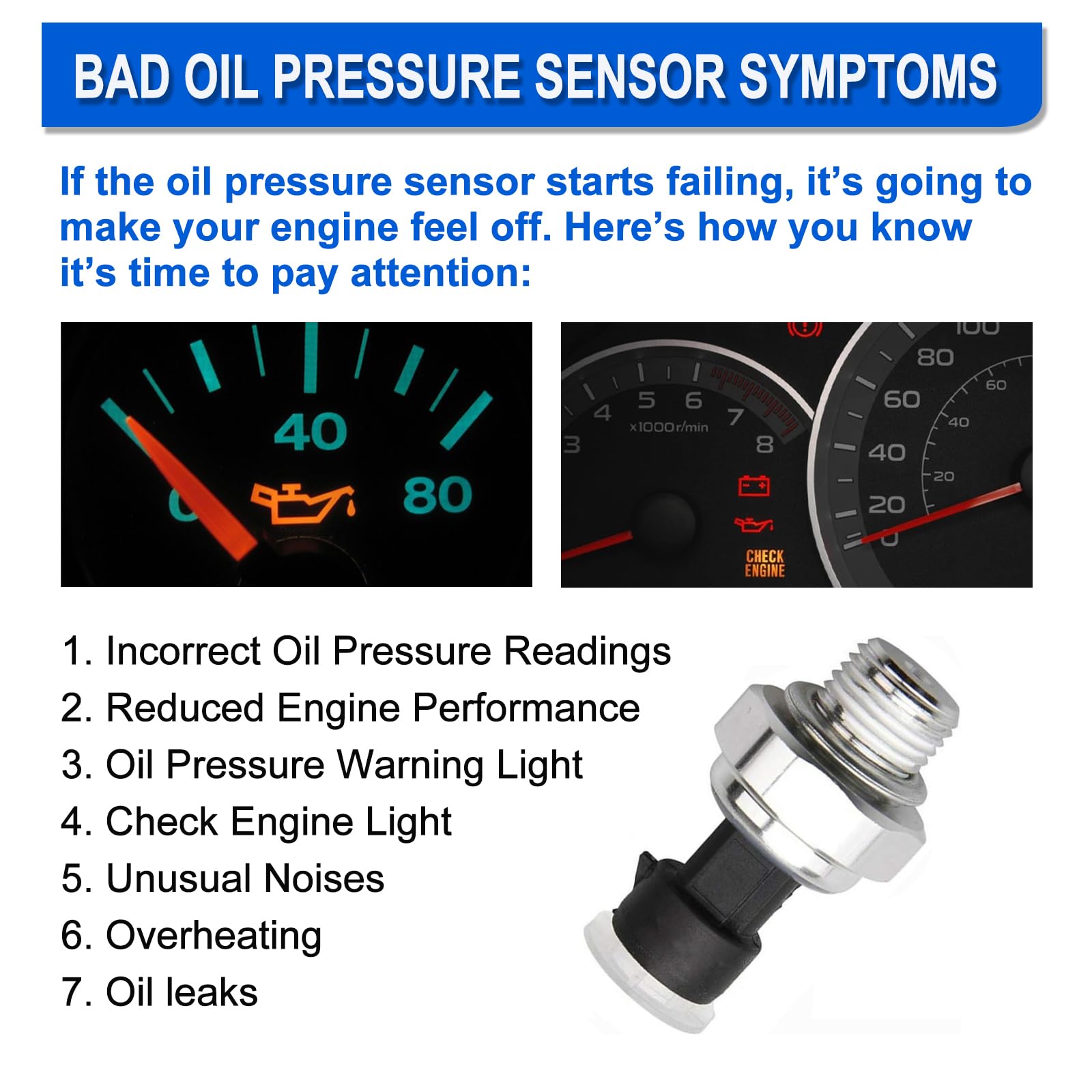 A ABIGAIL oil pressure sensor compatibility map shows broad GM model coverage.