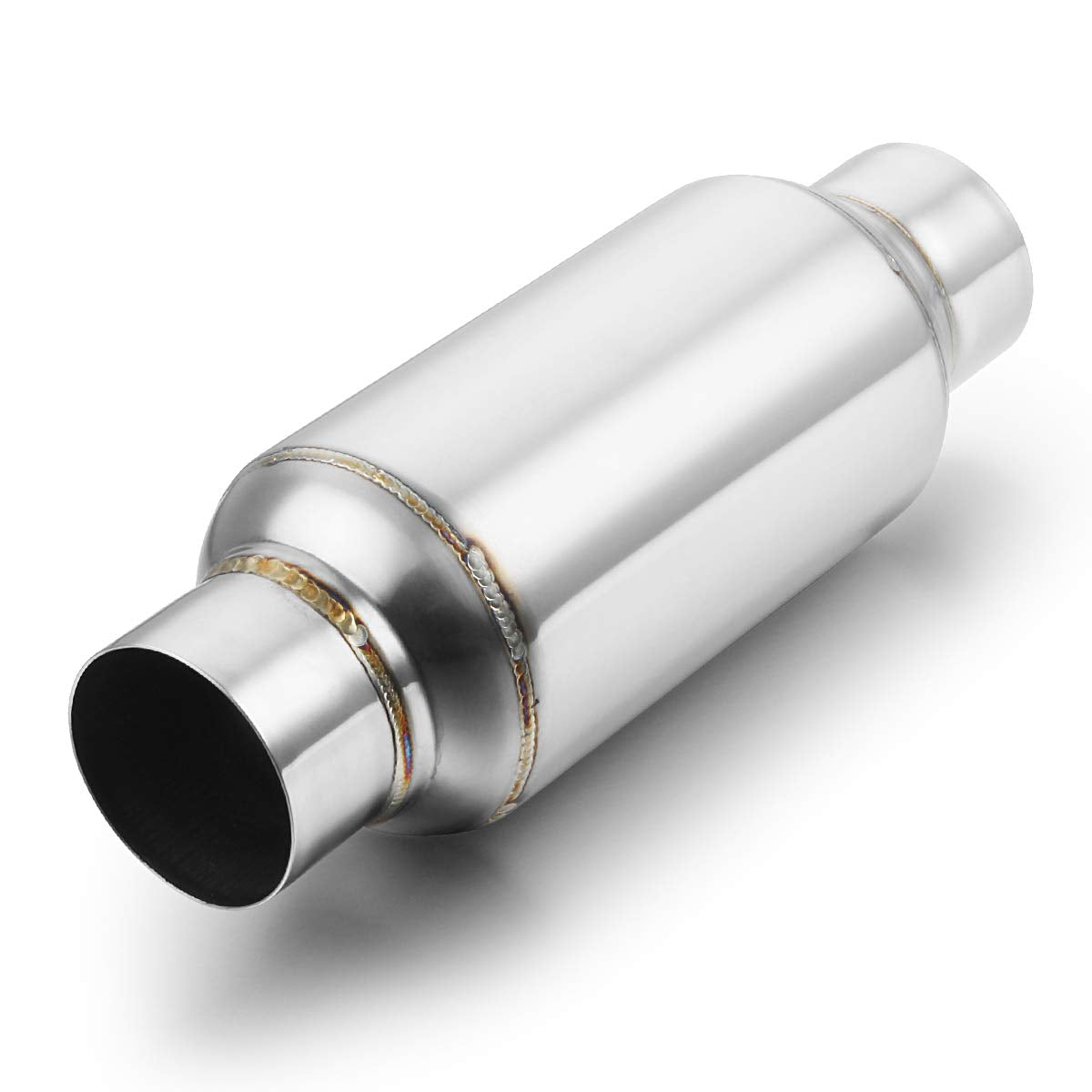 A-KARCK 2.5-inch inlet exhaust resonator close-up in polished stainless steel for a precise fit.