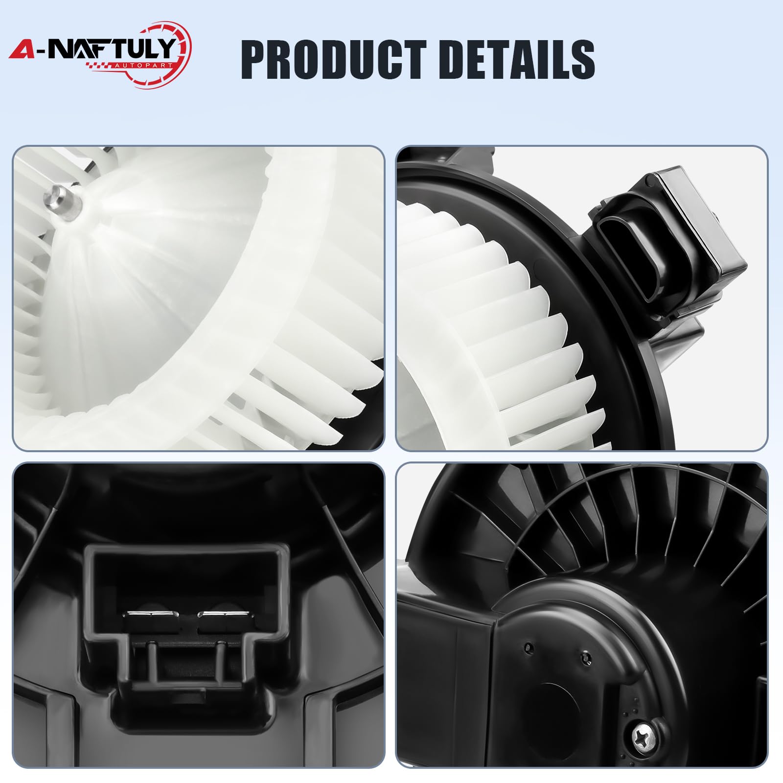 A-NAFTULY blower motor with mounting harness highlights durable OE-like compatibility
