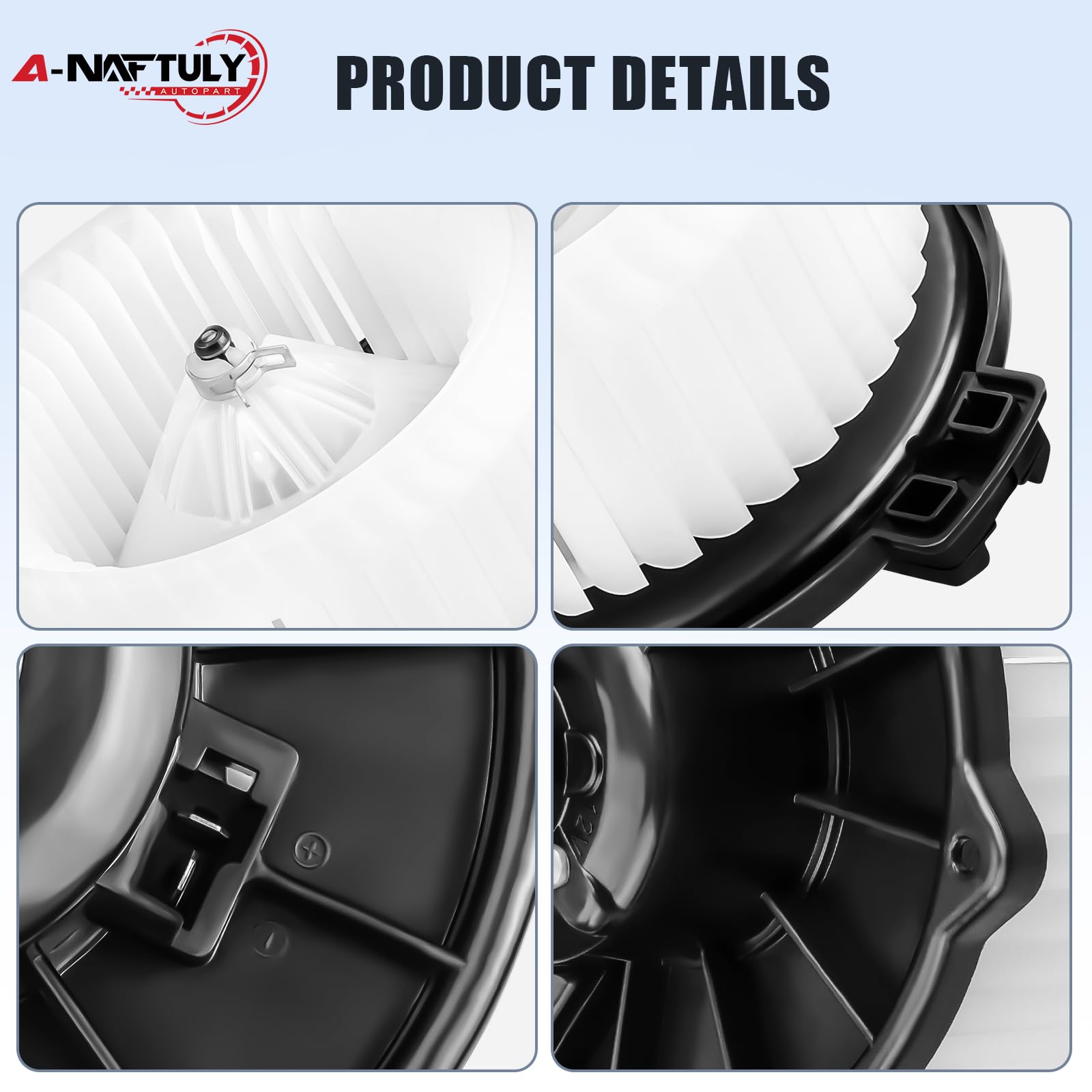 A-NAFTULY AC blower motor side view shows durable construction for quiet operation.