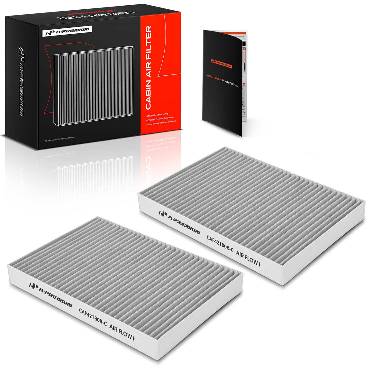 A-Premium 2PC cabin air filter with activated carbon, front view, enhances interior air quality