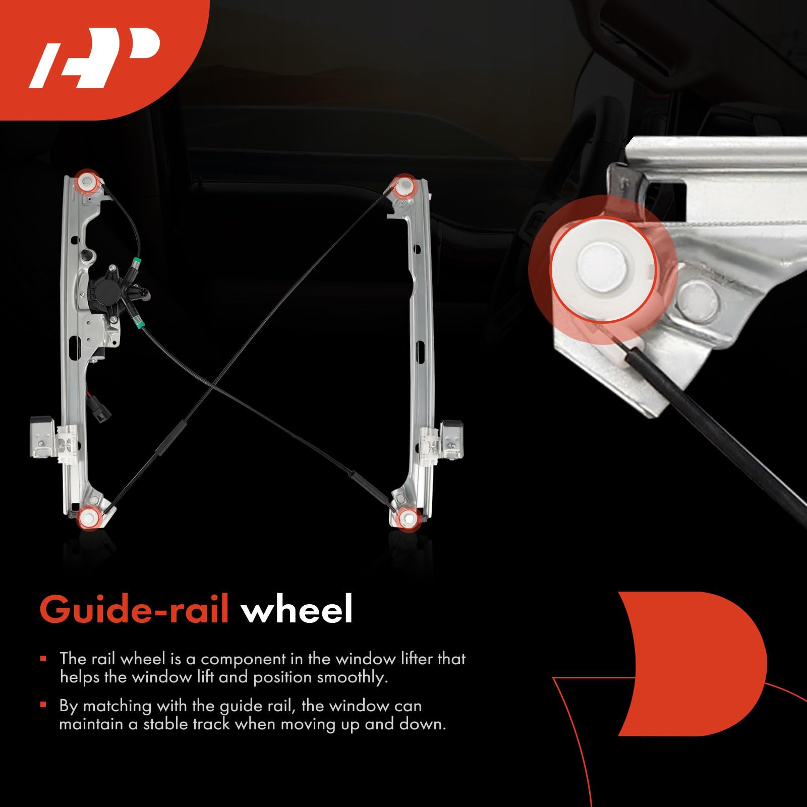 A-Premium 2-pin motor included with front-left regulator for simple install.
