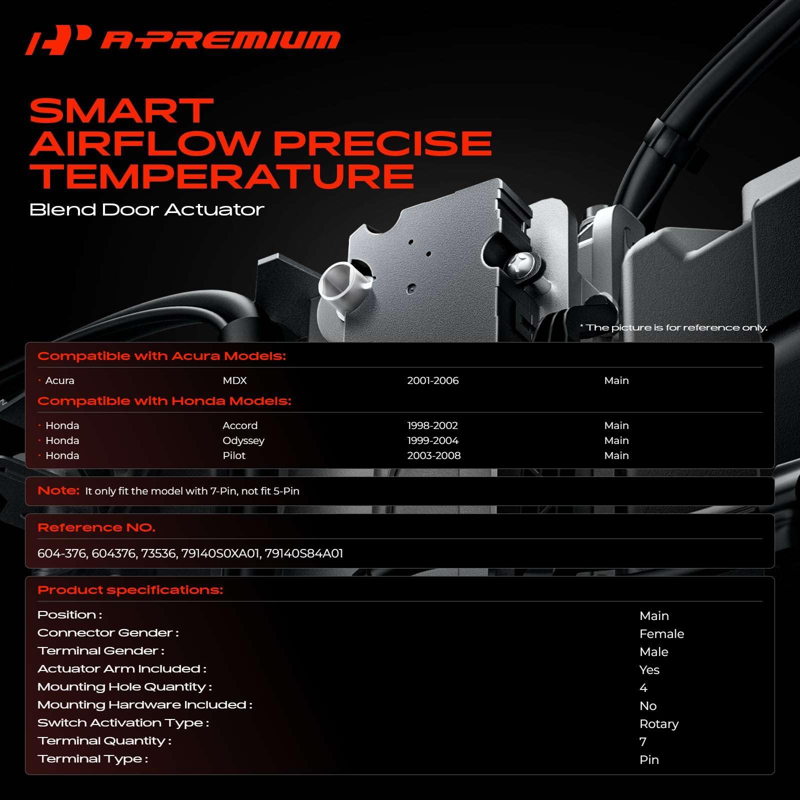 A-Premium 7-pin actuator for Honda Odyssey shows main-mode compatibility for model years 1999-2004.