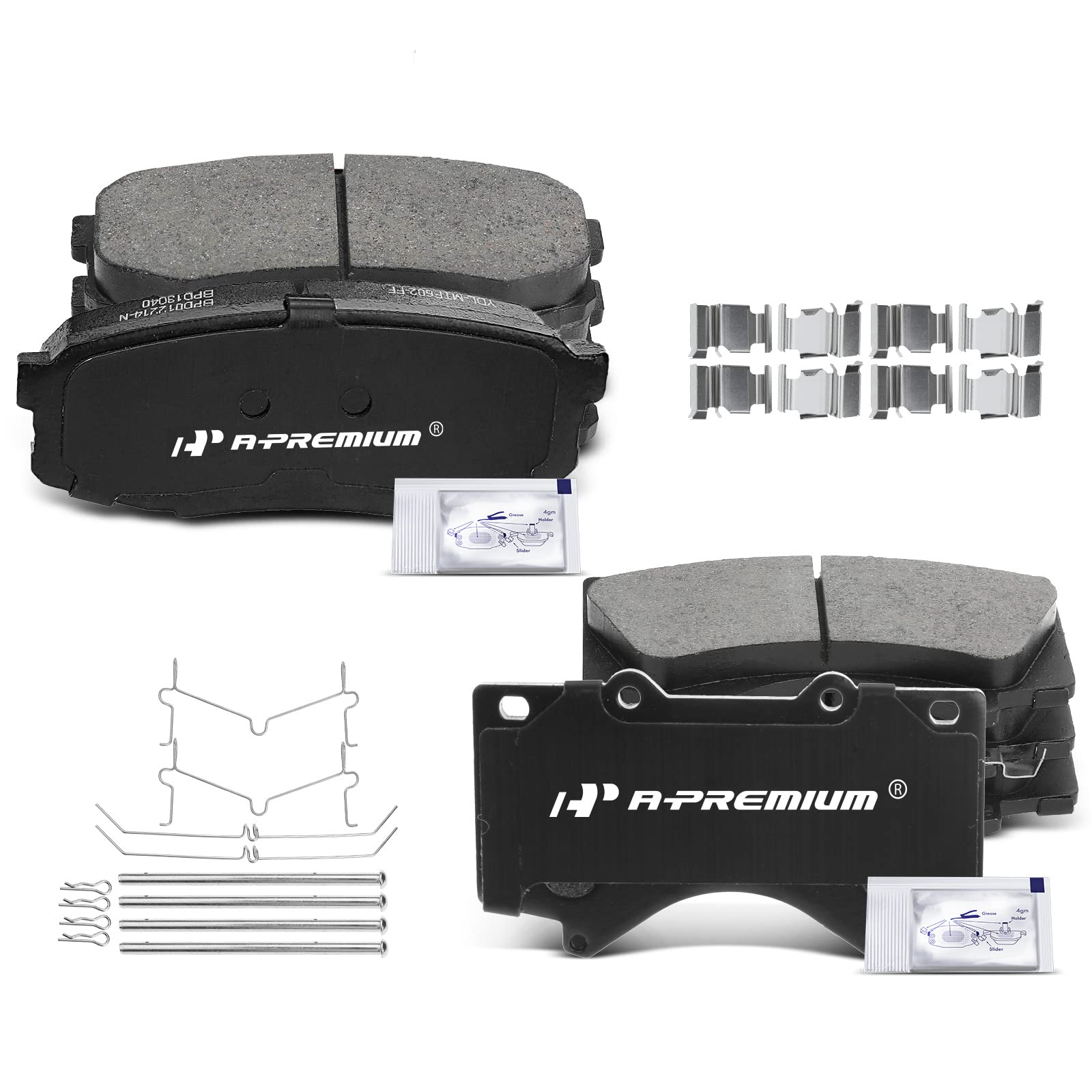 A-Premium 8-pack ceramic pads with grease and hardware for quick installation.