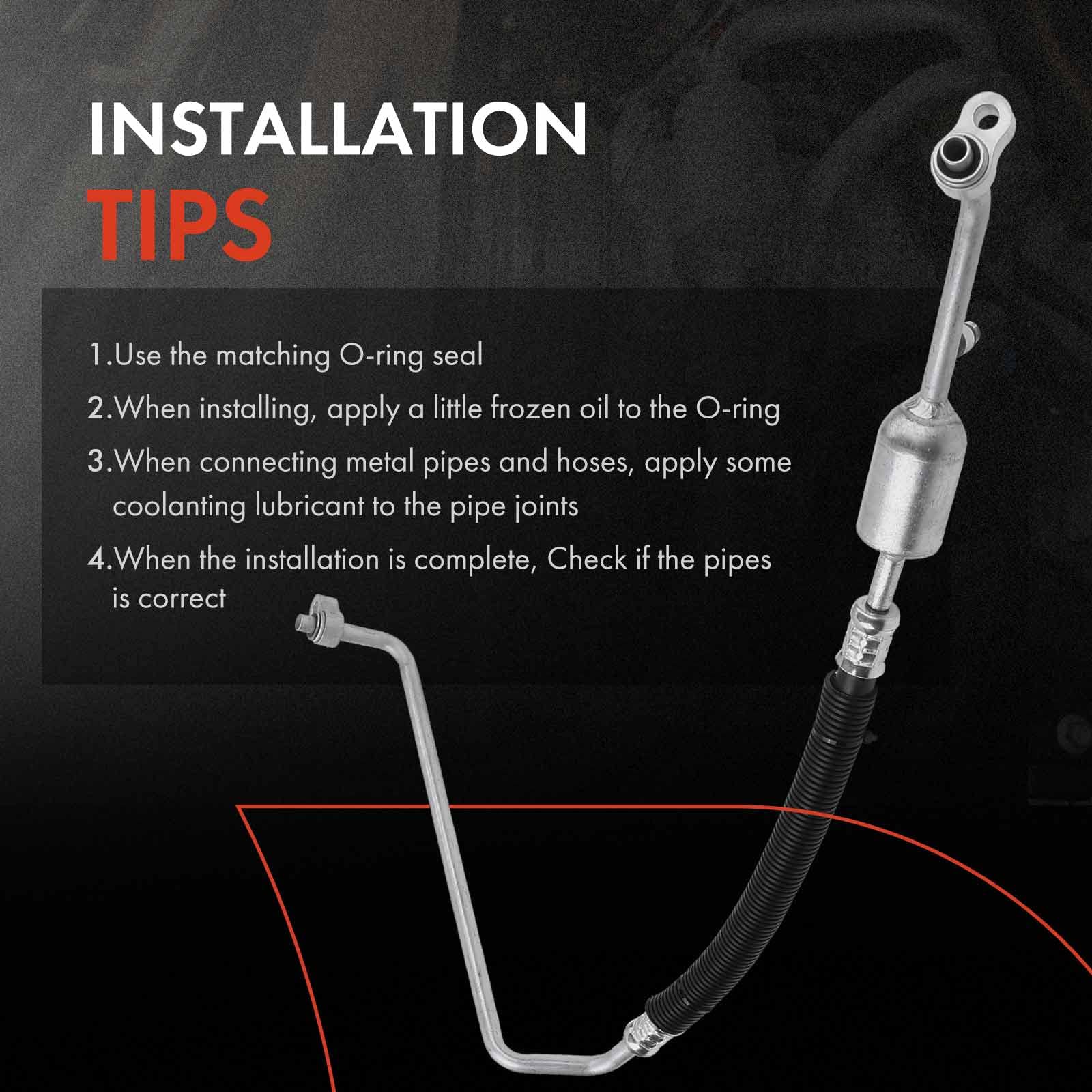 A-Premium AC discharge line hose assembly—Front-to-condenser routing shown for easy install.