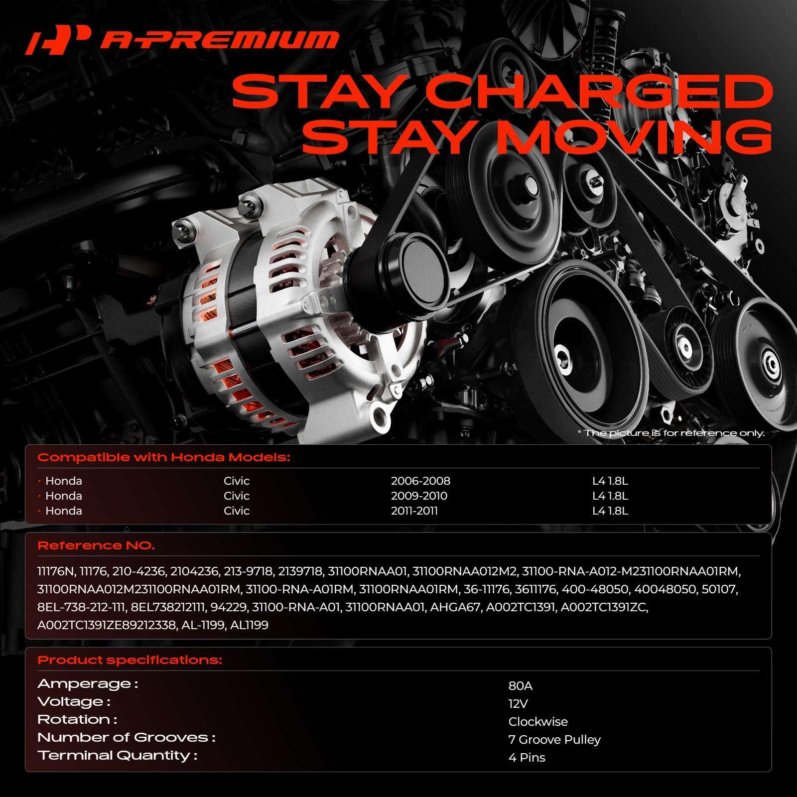 A-Premium alternator for Honda Civic 2009-2010 side view with 7-groove pulley