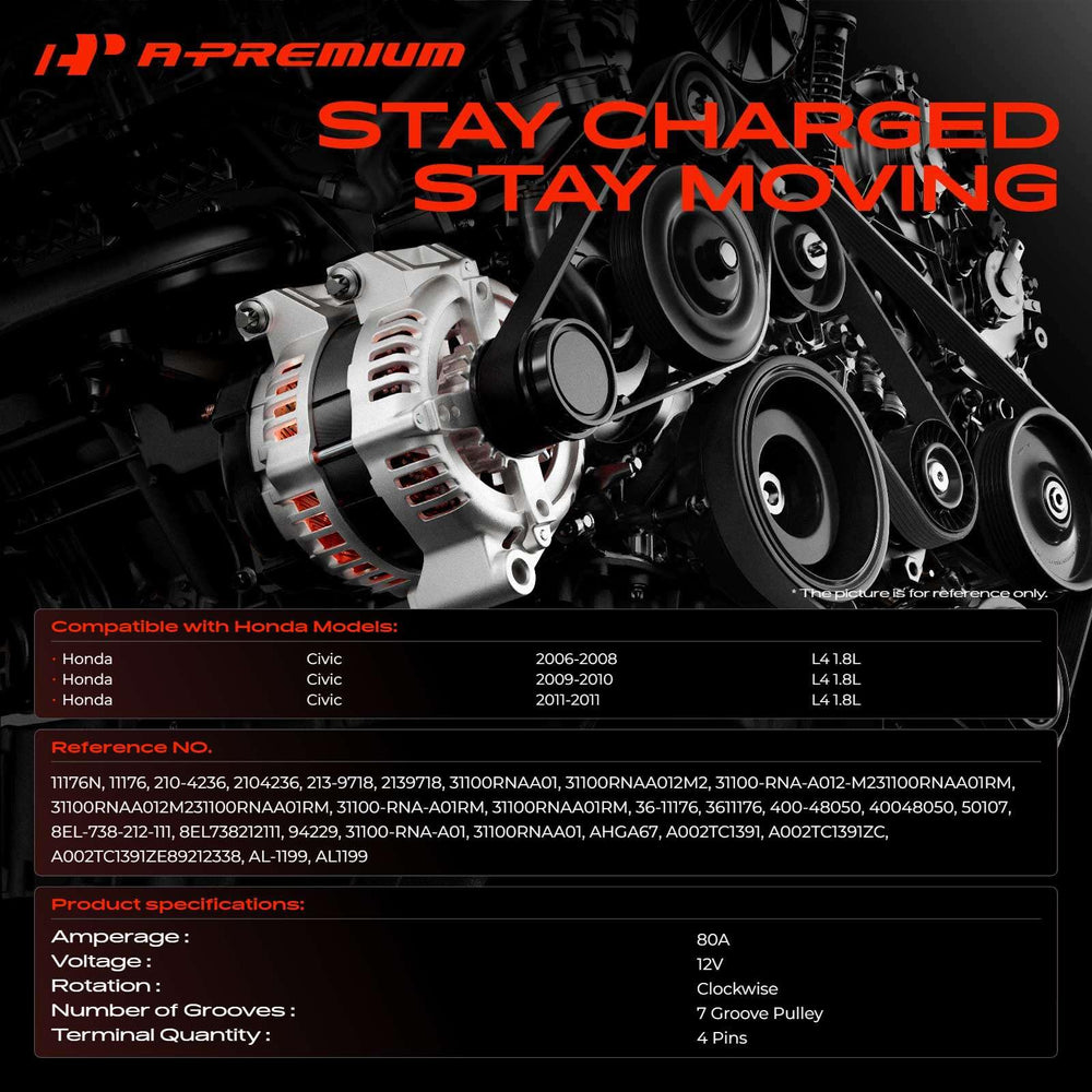 A-Premium alternator for Honda Civic 2009-2010 side view with 7-groove pulley